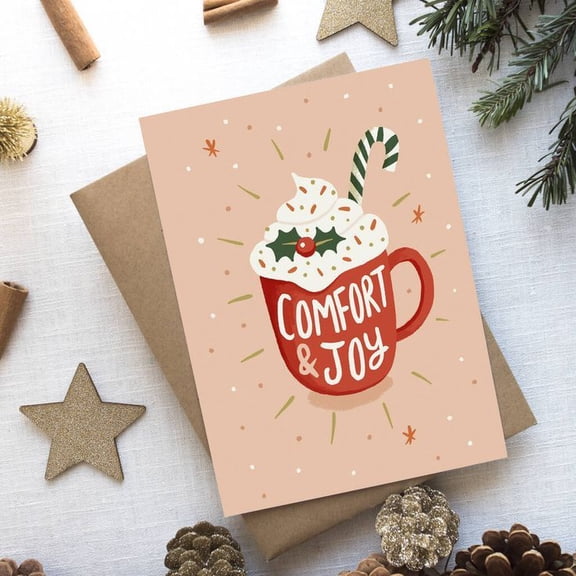 Comfort & Joy Christmas Card – Cute Hot Cocoa Design with Holly and Candy Cane – Includes Envelope, Perfect for Holiday Greetings