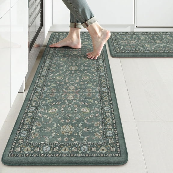 KIMODE Comfort Kitchen Mats for Floor Cushioned Anti Fatigue,Boho Vintage Rugs Sets of 2 Non Slip,Memory Foam Mat Carpet Laundry Office Home Decor,Dark Green
