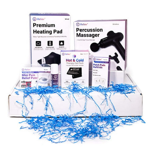 Comfort, Massage and Relief Starter Gift Box by iReliev with Weighted Heating Pad | Percussion Massager | Pain Gel Roll On | Hot & Cold Pack