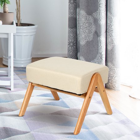 Comfort Mid Century Ottoman Stool, Upholstered Footstool, Coffee Table, Seat, Foot Rest, Beige,20.5" L x 14" W x 15" H