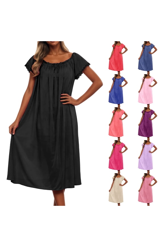 Comfort Nightgown for Women Cap Sleeve Pleated House Dress Soft Mid Length Nightshirt Nightdress Sleepwear Black One Size