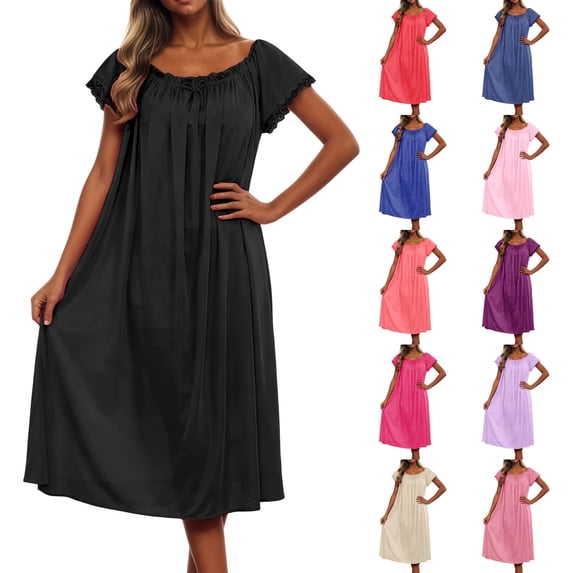 Comfort Nightgown for Women Cap Sleeve Pleated House Dress Soft Mid Length Nightshirt Nightdress Sleepwear Light Purple One Size