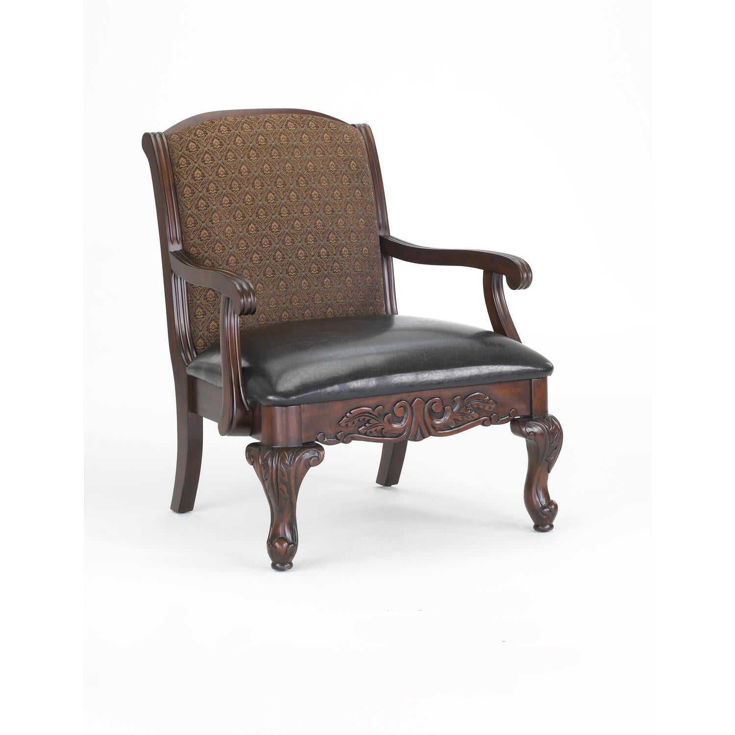 Traditional Walnut Finish Carved Accent Chair in Liza Brown