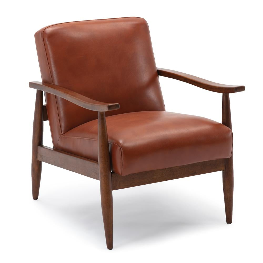 Mid-Century Modern Caramel Leather Gel Accent Chair with Wooden Arms