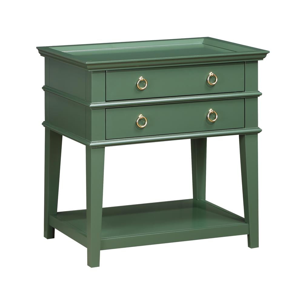 Clara Vintage Green Wood 2-Drawer Tray Top Nightstand