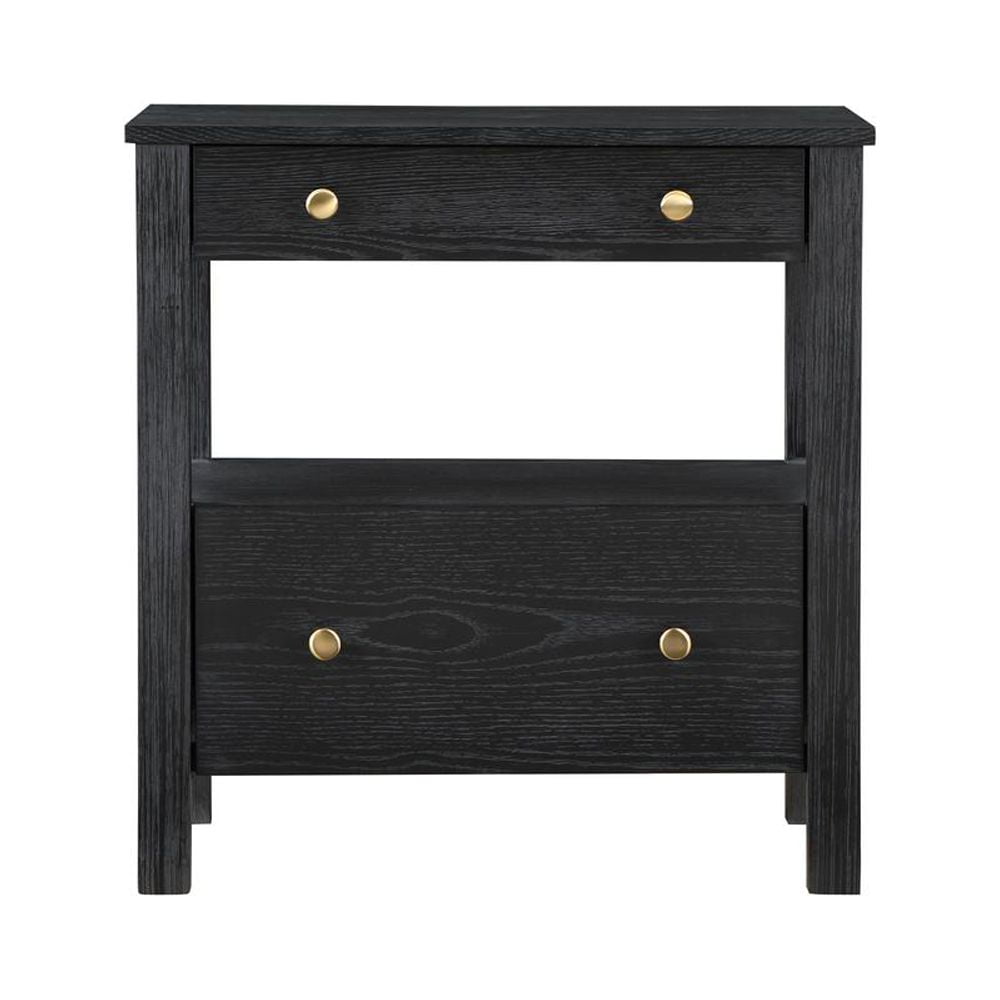 Delano Black Oak Veneer 2-Drawer Nightstand with Gold Knobs