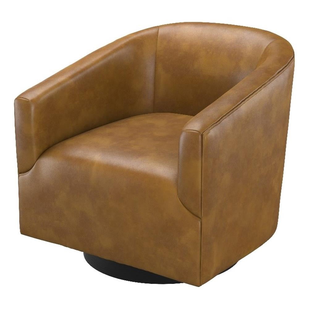 Gaven Camel Faux Leather Swivel Barrel Chair with Wood Base