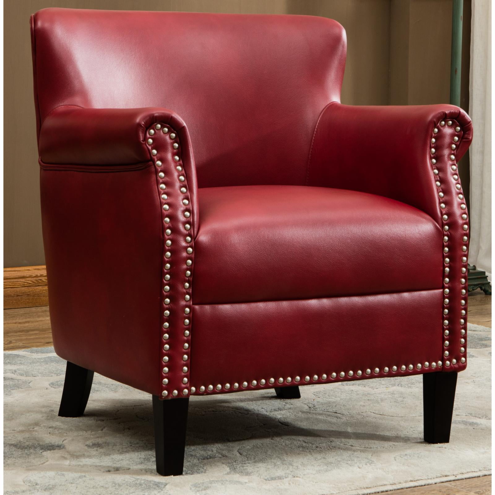 Traditional Red Leather Accent Chair with Wood Frame and Nailhead Trim