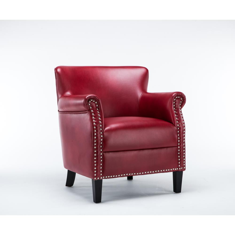 Traditional Red Leather Accent Chair with Wood Frame and Nailhead Trim