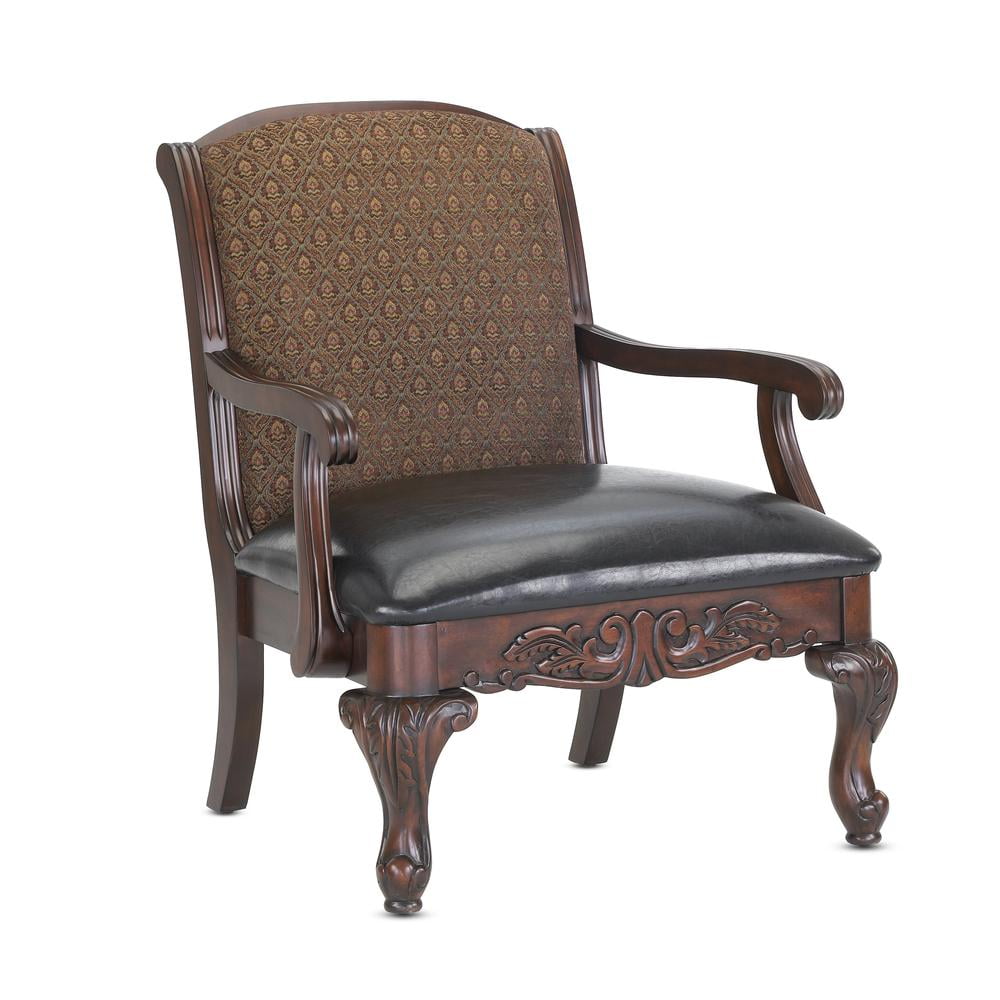 Traditional Walnut Finish Carved Accent Chair in Liza Brown