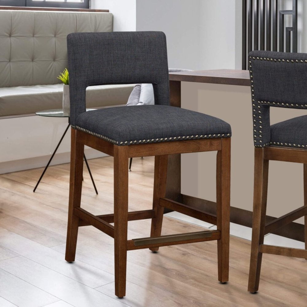 Dark Gray Upholstered Counter Stool with Wood Base