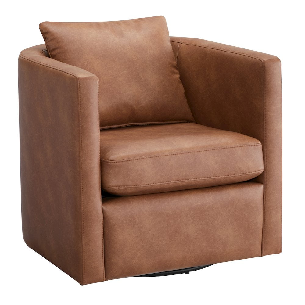 Saddle Brown Faux Leather Swivel Barrel Chair