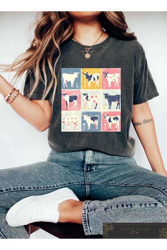 Comfort Retro Boho Cow Farm Shirt, Cow Checkered Tshirt, Floral Cow Tee, Cow Lover, Aesthetic Farm T-shirt, Farm Animal Crewneck, F3887