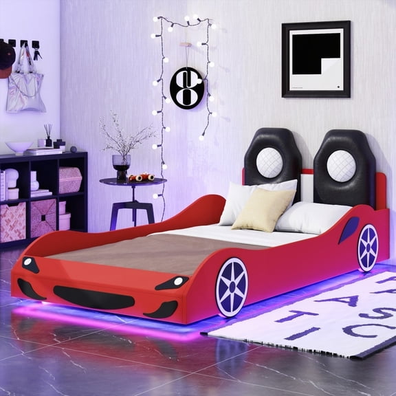 [Comfort & Safety] Wood Twin Size Race Car Bed with LED & Upholstered Backrest, Red