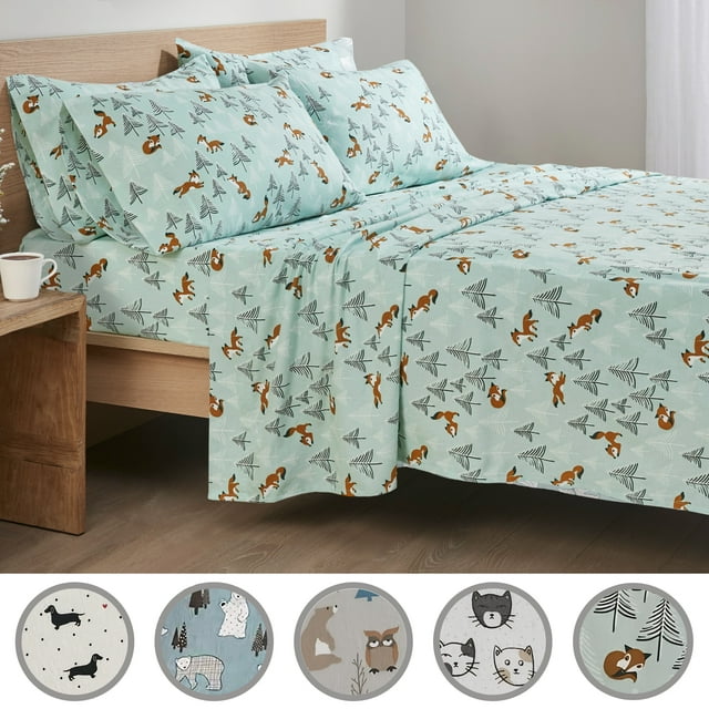 Comfort Spaces 100 Cotton Flannel 3Piece Novalty Seafoam Foxes Deep
