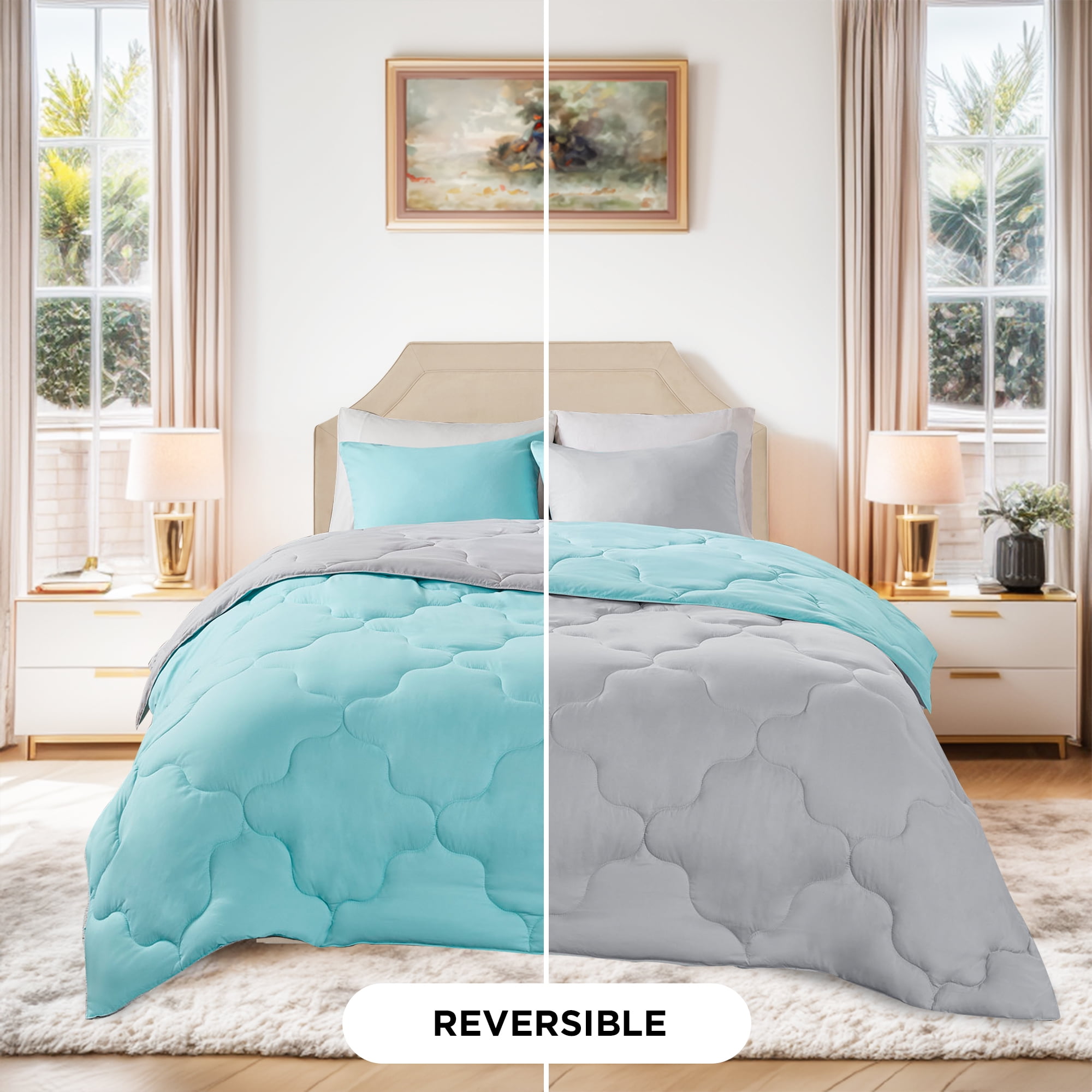 Comfort Spaces Full Queen Light Reversible Comforter Set with Shams Aqua Gray Microfiber Down Walmart