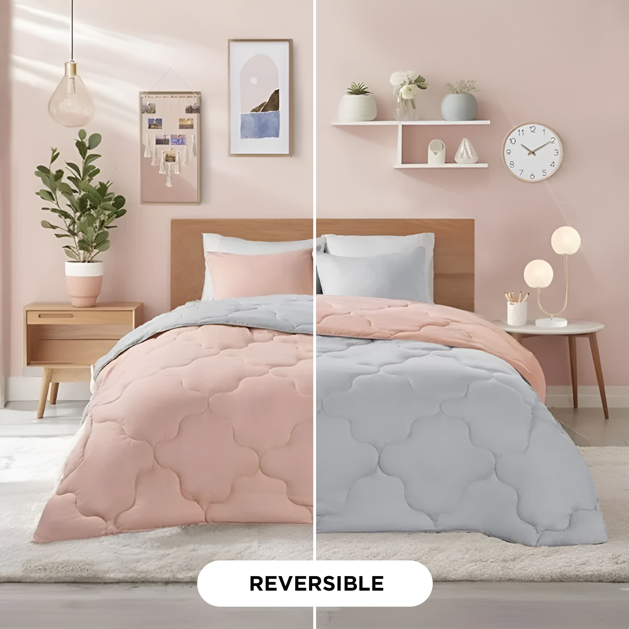 Full Coral and Light Gray Reversible Microfiber Comforter Set