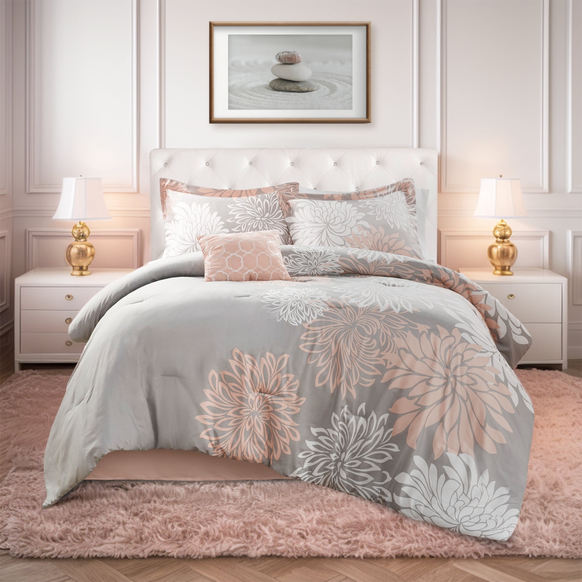 Regency Heights King Size Comforter Set, 5-Piece Floral Bedding Set for All Season, Blush Comforter Set King with Bed Skirt