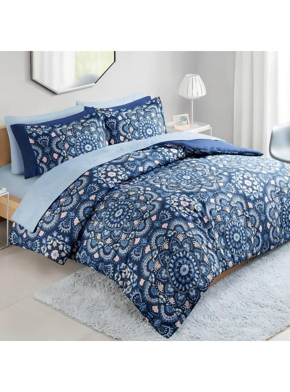 Comfort Spaces 9-Piece Comforter Set Microfiber Navy Blue Bed in A Bag Hypoallergenic Reversible with Side Pockets Bed sets for Queen Bed