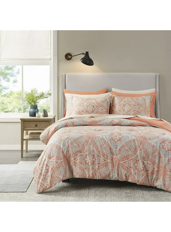 Comfort Spaces 9-Piece Full Bed in a Bag College Dorm Comforter Sets Down Alternative with Sheet Set and Side Pockets, Coral