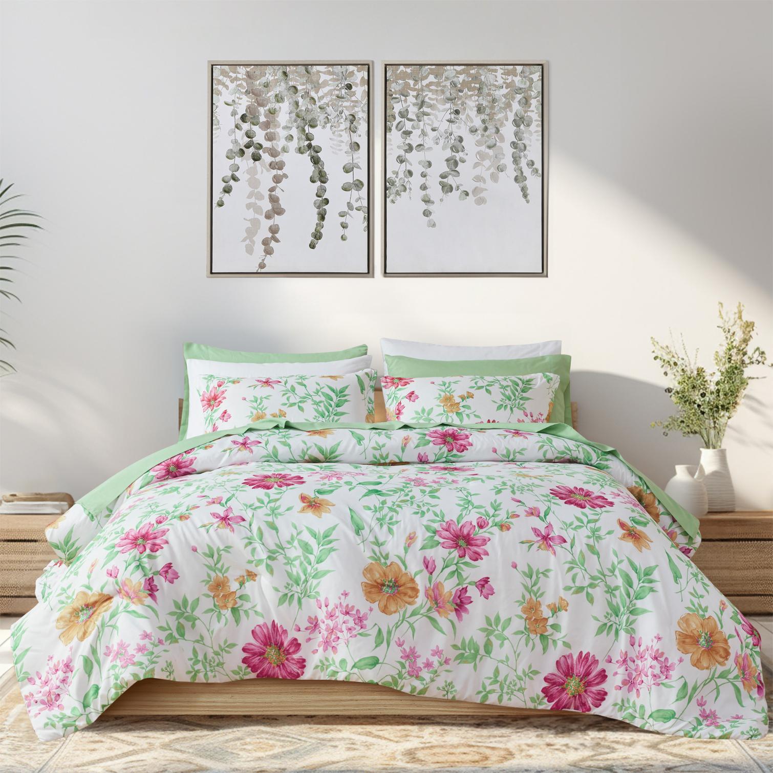 Comfort Spaces 9-Pieces Queen Bed in a Bag Comforter Sets Microfiber Down Alternative Daisies Green with Sheet Set and Side Pockets - image 1 of 12