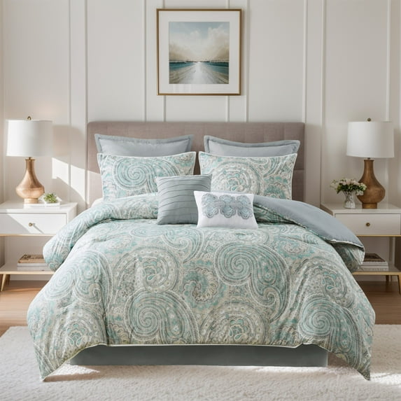 Comfort Spaces Bedding Queen Comforter Set, Microfiber Comforter Set for Queen Beds, Blue, 8Pc