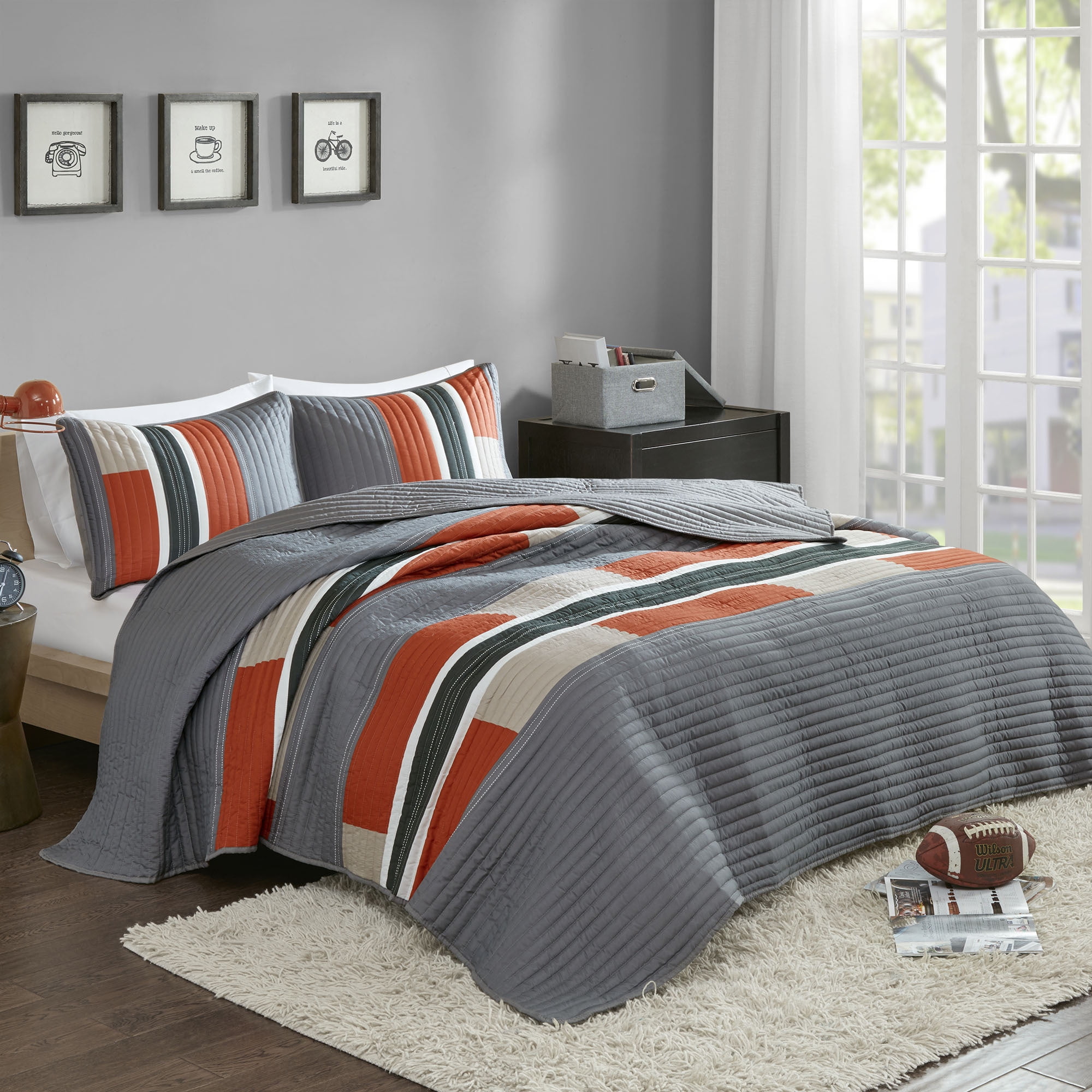 Gray and Orange Twin Microfiber Reversible Kids Quilt Set