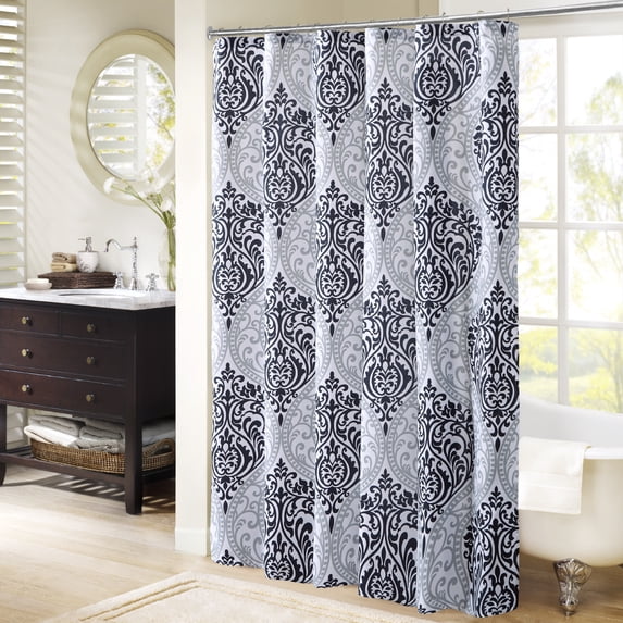 Comfort Spaces Coco Microfiber Black/White Printed Damask Shower Curtain, 72"x72"