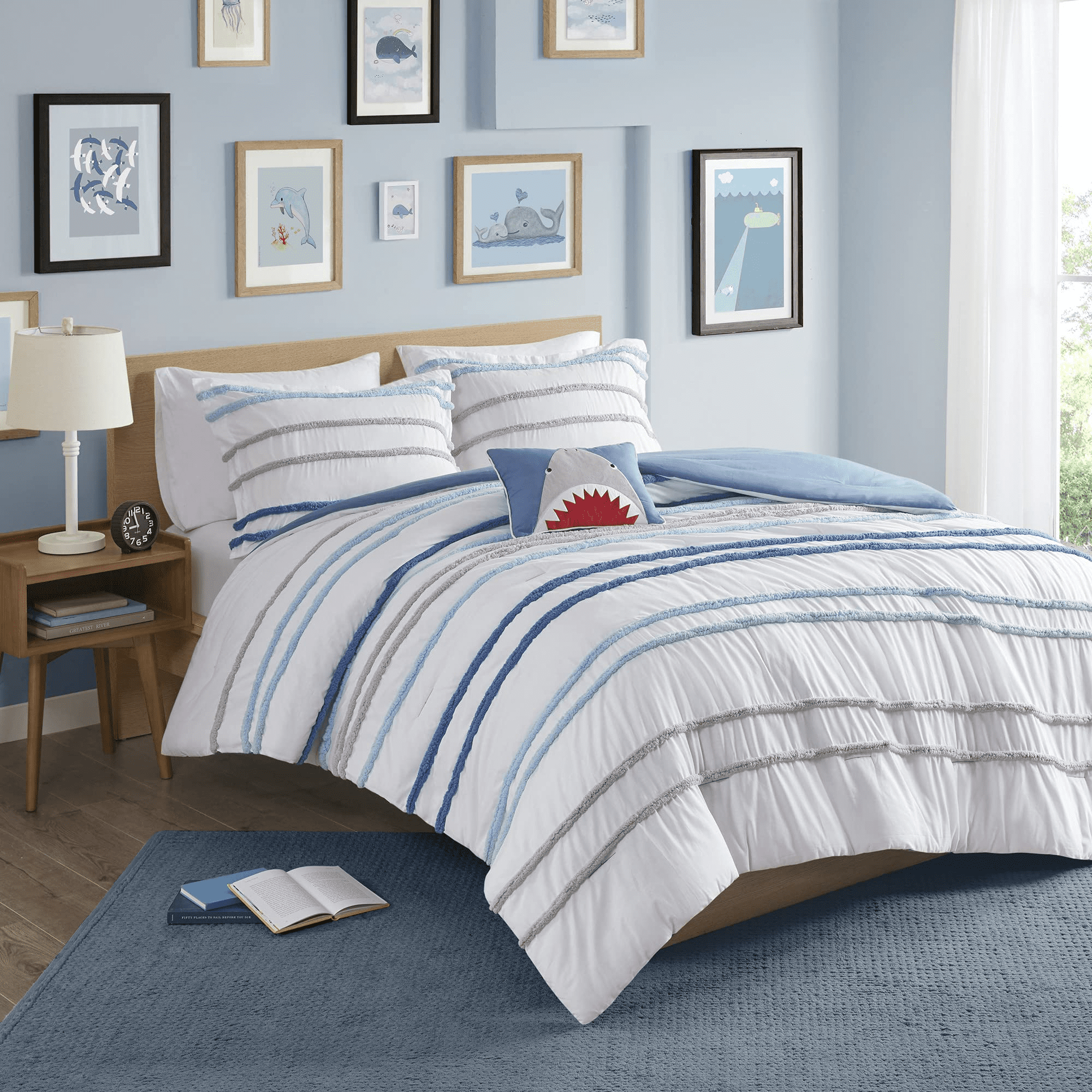 Comfort Spaces Cotton 4Piece Queen Size Comforter Sets Blue Shark Kids