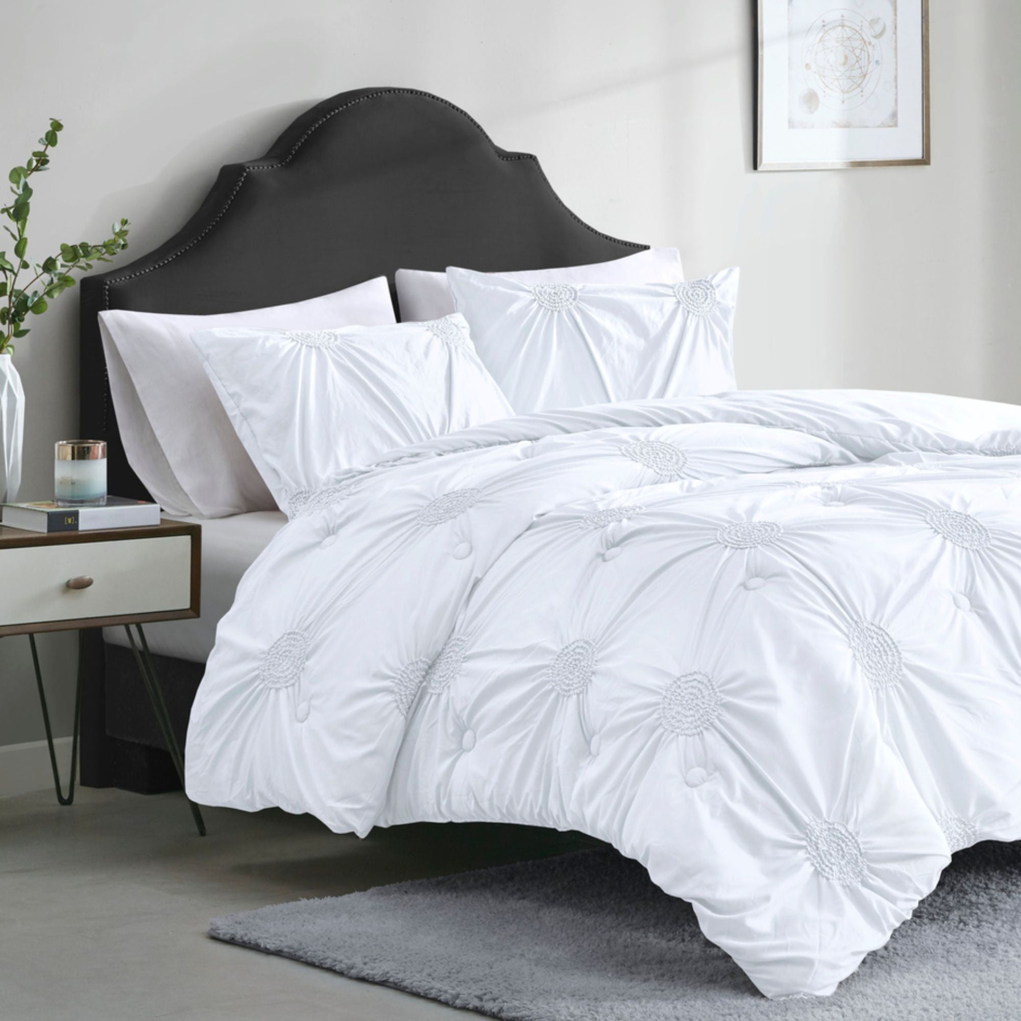 Comfort Spaces Ember Microfiber 3Piece White Ruched Comforter Set