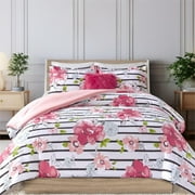 Comfort Spaces Full/Queen Comforter Sets, 4-Piece Floral Kids Bed Sets for All Season, Pink and Black Bedding Comforter Sets for Girls