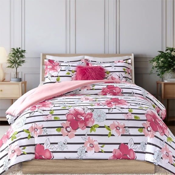 Regency Heights Full/Queen Comforter Sets, 4-Piece Floral Kids Bed Sets for All Season, Pink and Black Bedding Comforter Sets for Girls