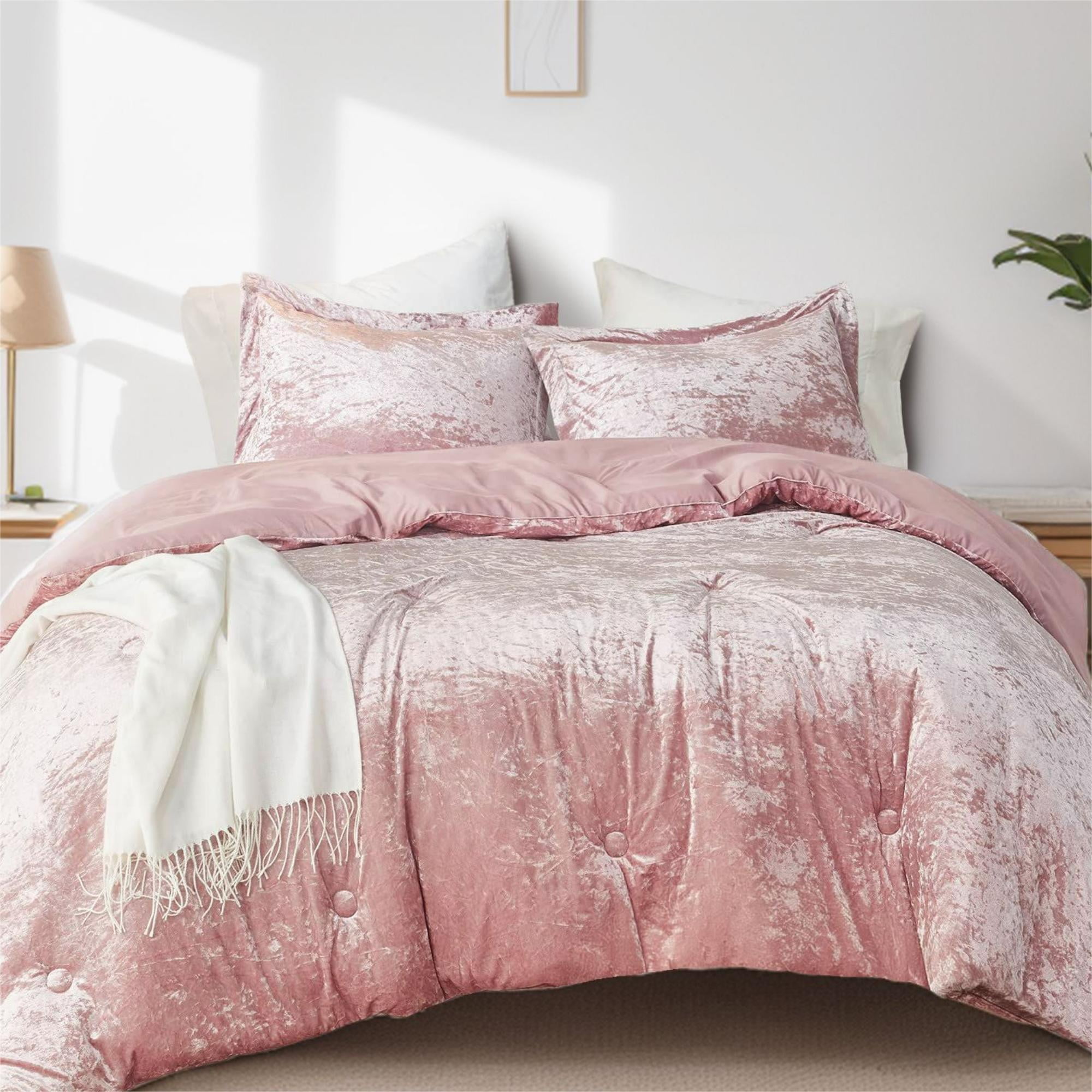 Comfort Spaces Full Queen Cozy Velvet Comforter Sets Luxe 3 Piece All Season Down Alternative Bedding Set Pink Blush Damask Comforter Bed Set with