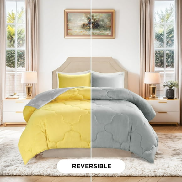 Comfort Spaces Full/Queen Size Comforter Sets, 3-Piece Reversible Bedding Set, Comforter Bed Set, Grey/Yellow
