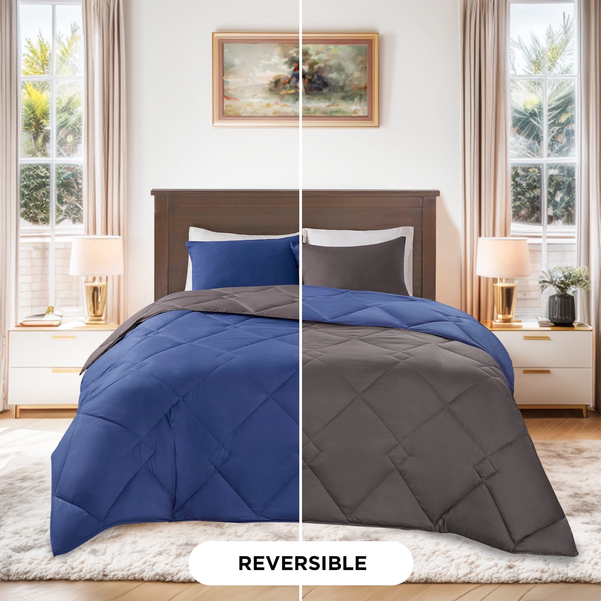 Comfort Spaces Full/Queen Size Comforter Sets, 3-Piece Reversible Bedding Set, Comforter Bed Set, Navy/Charcoal