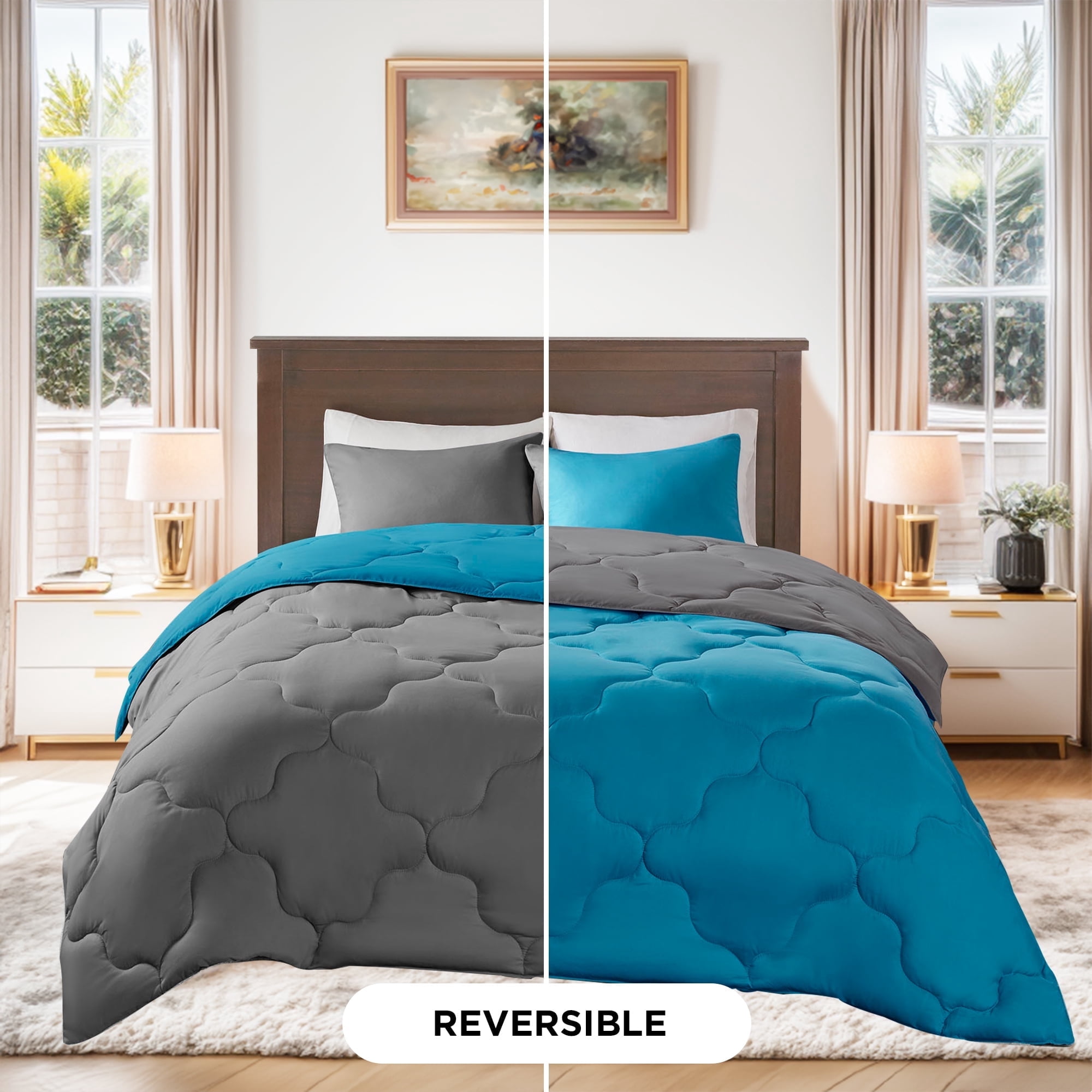 Comfort Spaces Full/Queen Size Comforter Sets, 3-Piece Reversible Bedding Set, Comforter Bed Set, Teal/Dark Gray