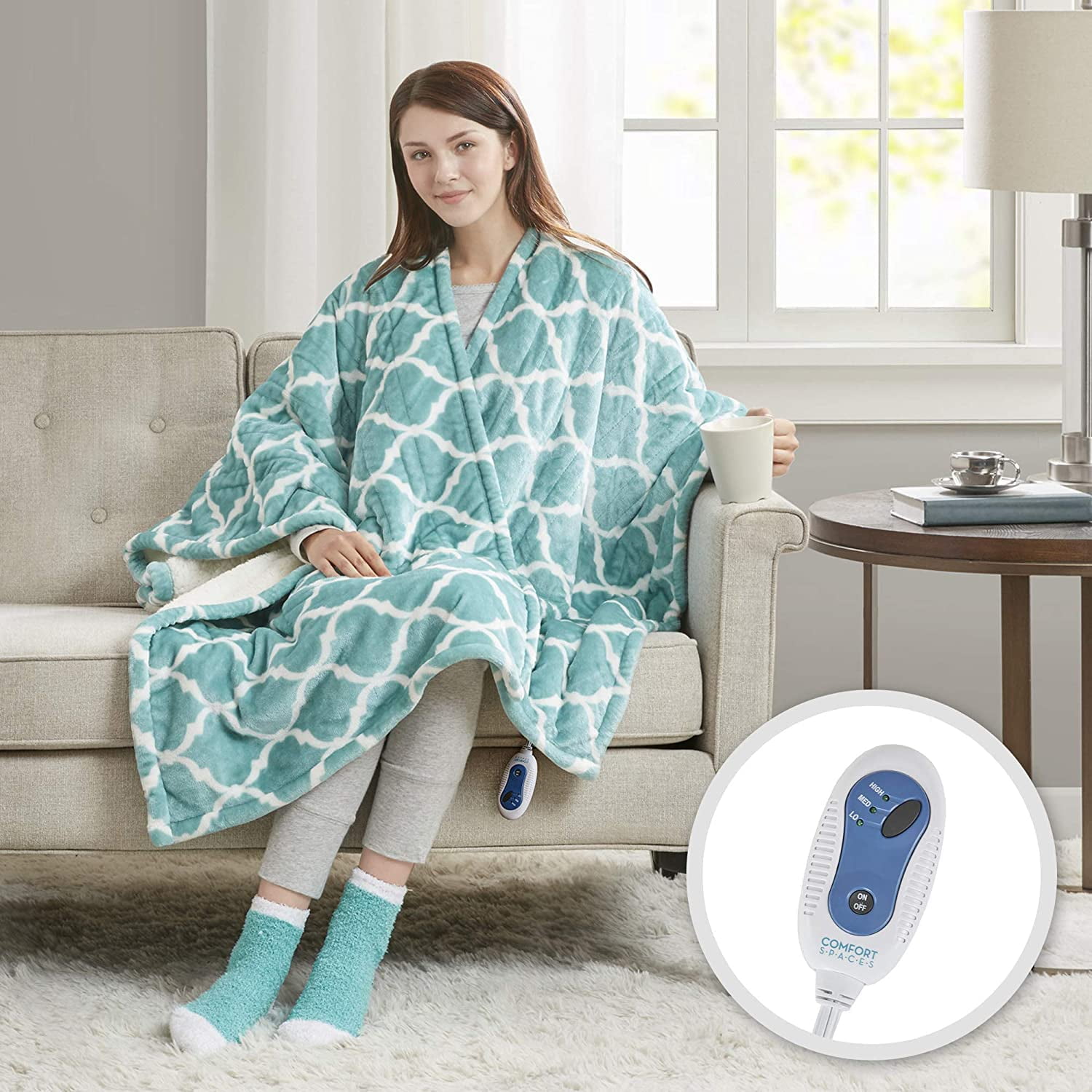 Comfort Spaces Heated Wrap Aqua Reversible Electric Throw Wrap Sock Set,  50x64 - Walmart.com