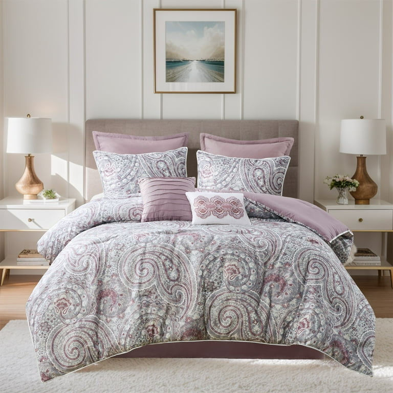 Comfort Spaces Cal King Size Comforter Set 8 Piece Paisley Bedding Set for All Season Purple Cal King Bedding Comforter Set with Decor Pillow and