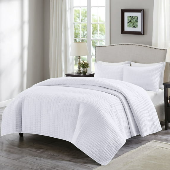 Comfort Spaces Kienna Solid Microfiber Reversible Quilt Set, Twin/Twin XL, White, 2 Piece