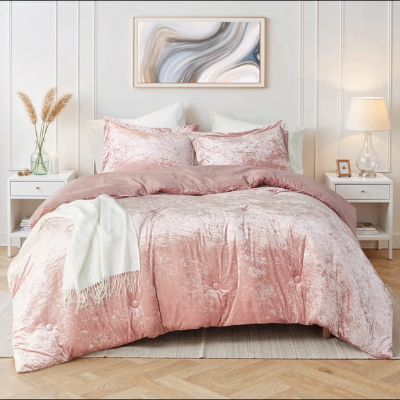 Regency Heights King Blush Velvet Comforter Set, Luxury 3-Piece All-Season Bedding, Bed Set with Shams
