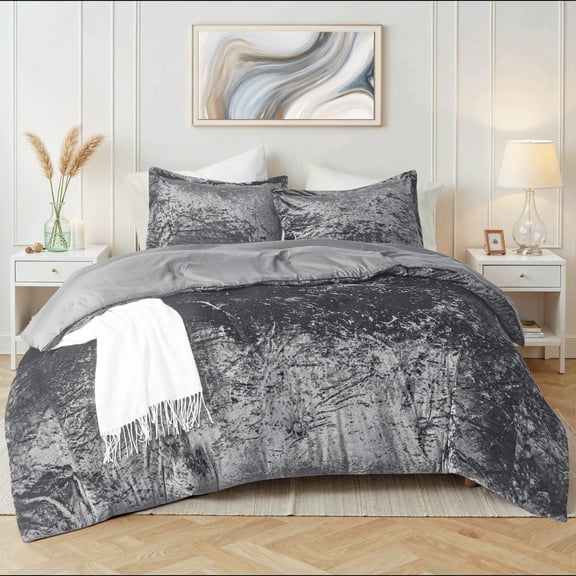 Regency Heights King Cozy Velvet Comforter Sets, Luxury 3-Piece All Season Down Alternative Bedding Set, Grey Comforter Bed Set with Pillow Shams