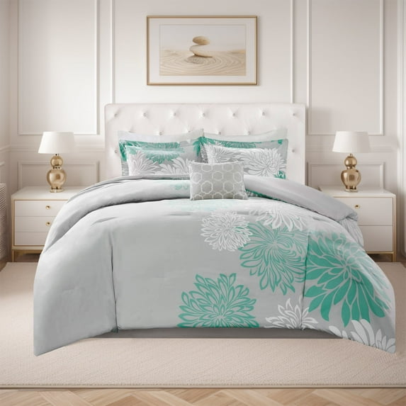 Comfort Spaces King Size Comforter Set, 5-Piece Floral Bedding Set for All Season, Aqua King Comforter Set with Bed Skirt