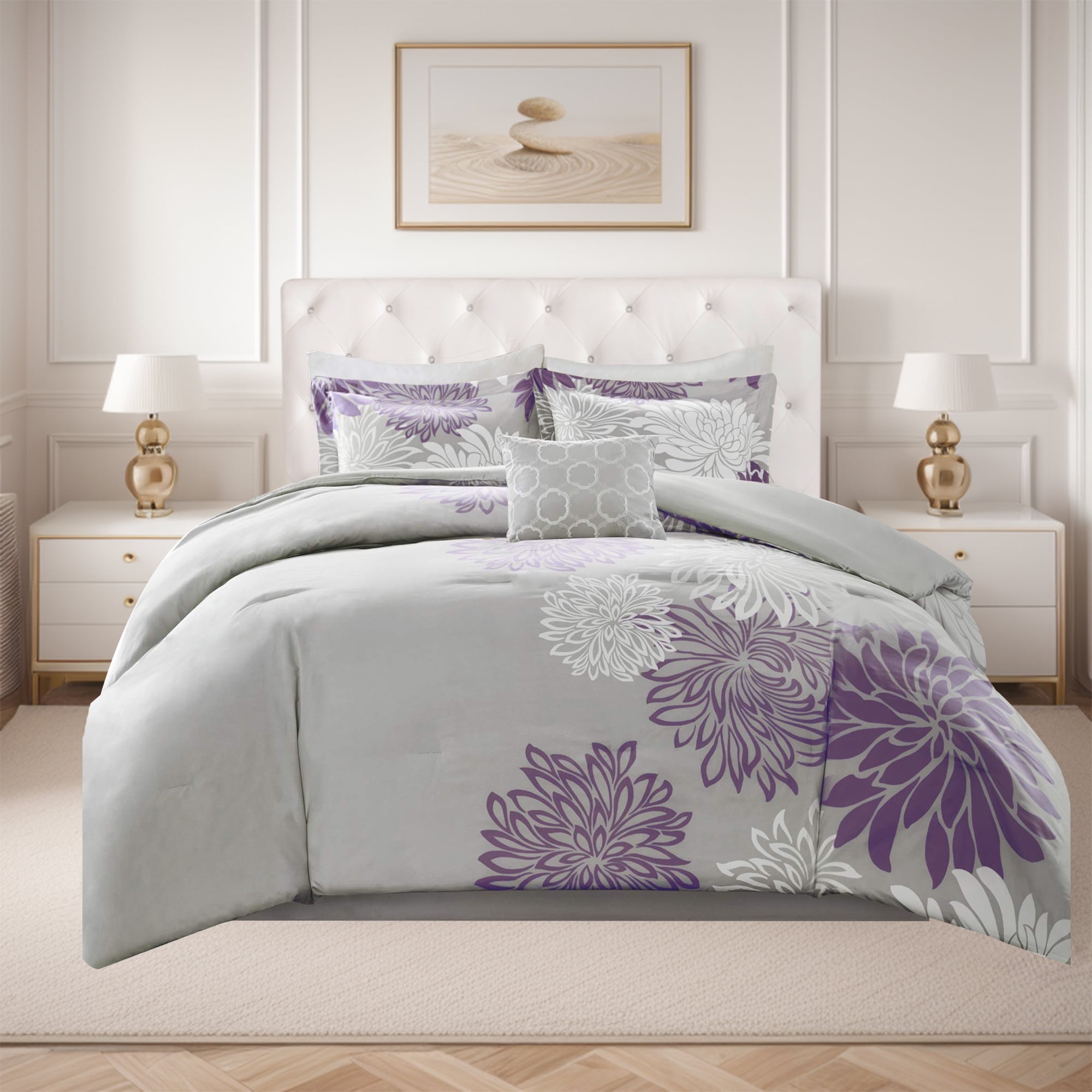 King Gray Floral Microfiber Comforter Set with Cotton Sheets