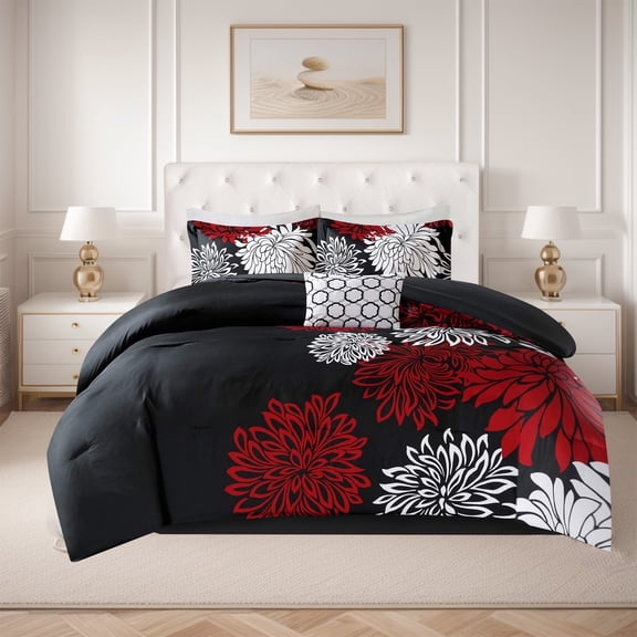 Regency Heights King Size Comforter Set, 5-Piece Floral Bedding Set for All Season, Red/Black King Comforter Set with Bed Skirt