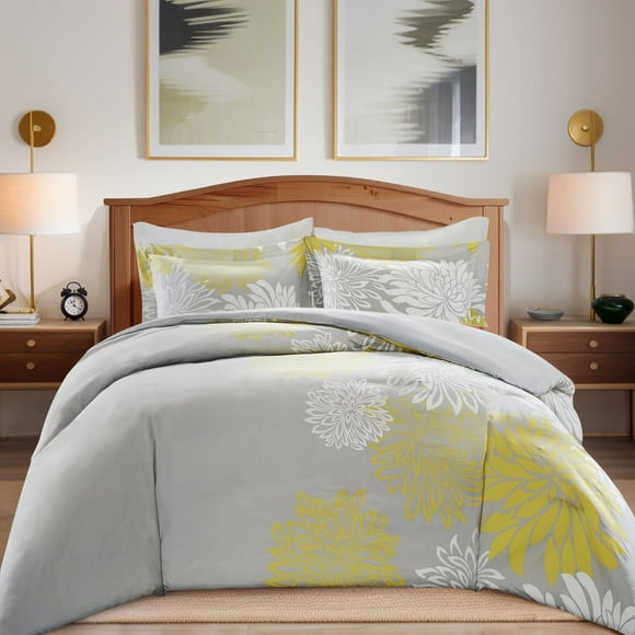 Comfort Spaces King Size Comforter Set, 5-Piece Floral Bedding Set for All Season, Yellow King Comforter Set with Bed Skirt