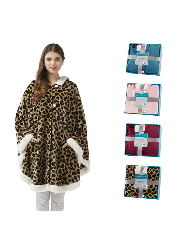 Comfort Spaces Leopard Soft Warm Sherpa Wearable Angel Plush Hooded Angel Wrap, 58"x 72"