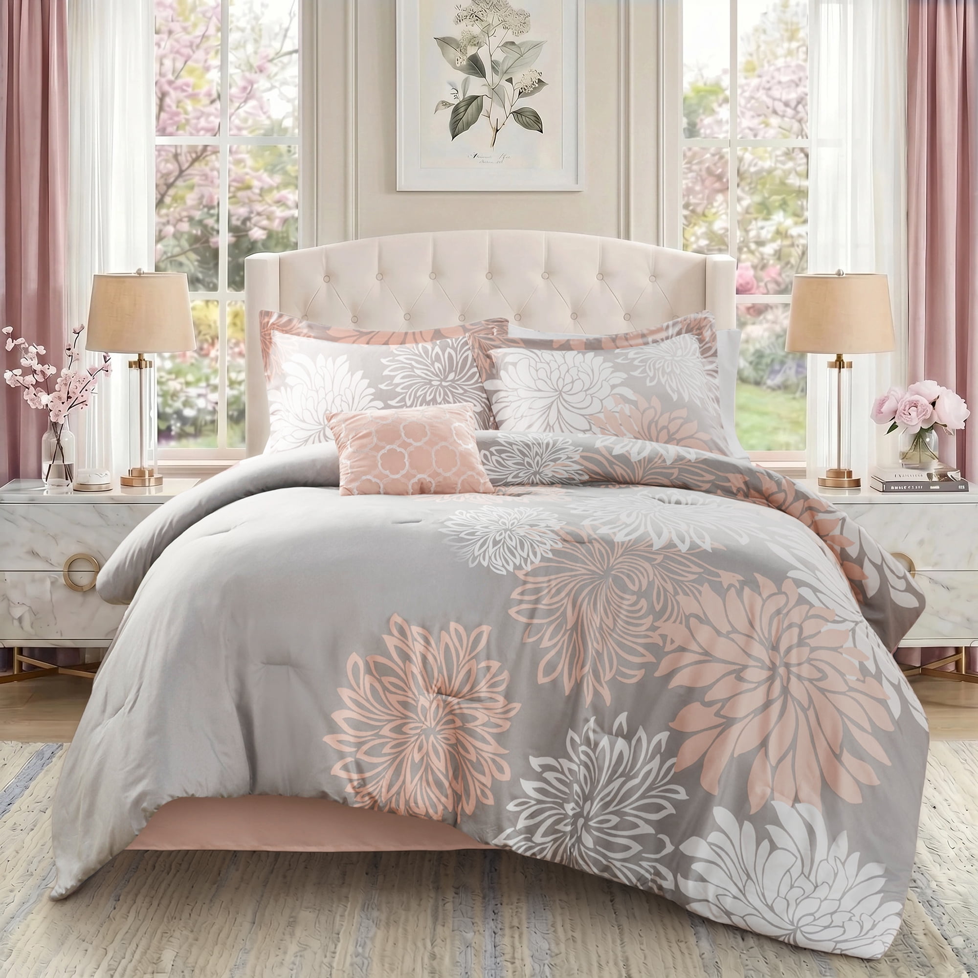 Regency Heights Queen Size Comforter Set, 5-Piece Floral Bedding Set for All Season, Blush Comforter Set Queen with Bed Skirt
