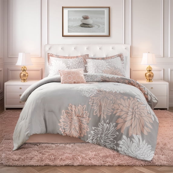 Regency Heights Queen Size Comforter Set, 5-Piece Floral Bedding Set for All Season, Blush Comforter Set Queen with Bed Skirt