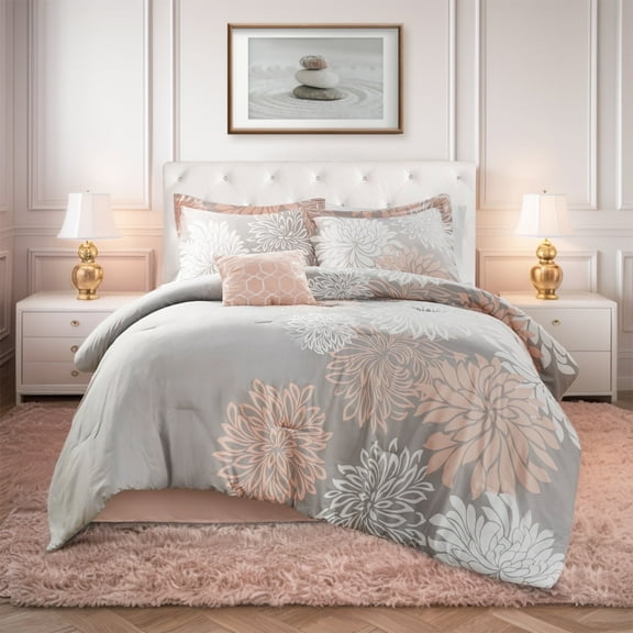 Regency Heights Queen Size Comforter Set, 5-Piece Floral Bedding Set for All Season, Blush Comforter Set Queen with Bed Skirt