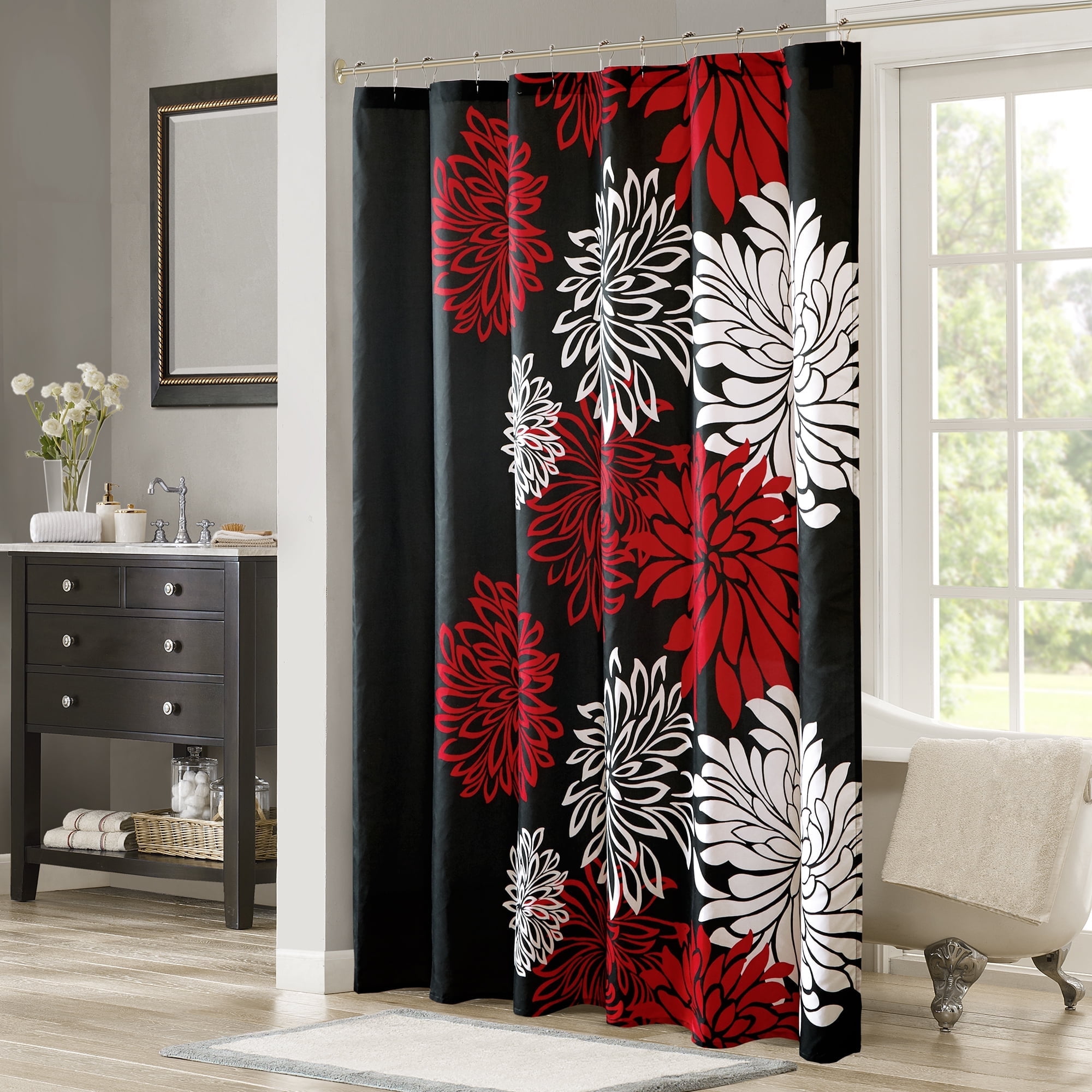 Red and Black Floral Microfiber Shower Curtain
